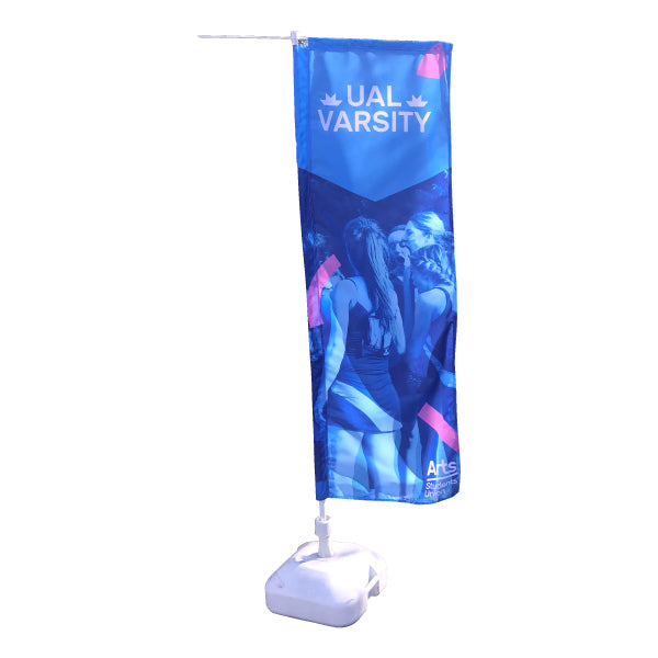 Adflag kit including pole, water/sand fillable base and printed flag