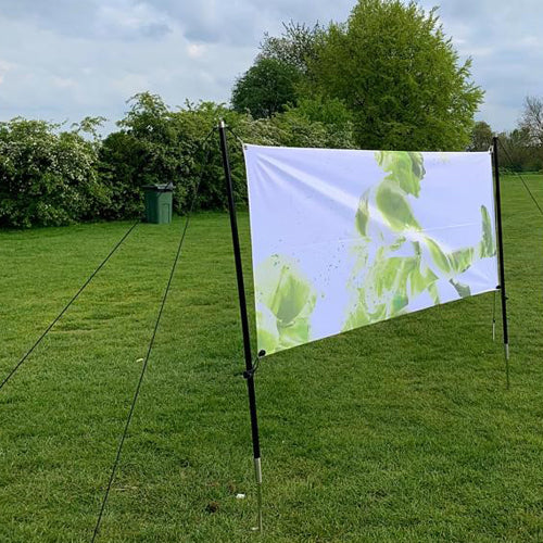 Banner frame with guy ropes