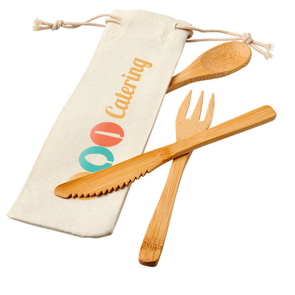 Bamboo Cutlery Set With Pouch - Full Colour